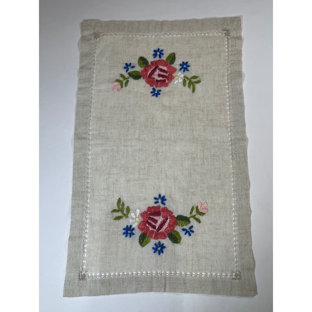 Vintage Hand Embroidered Floral Linen Table Runner Pink Rose Hemstitch 24x15